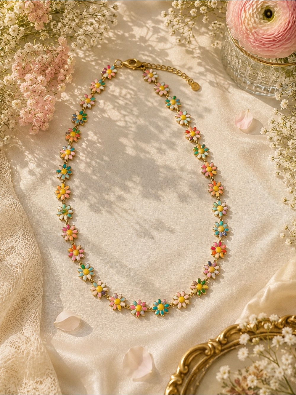 Multicolor Daisy Chain Necklace - Pastel Flower Statement Jewelry Goldfilled